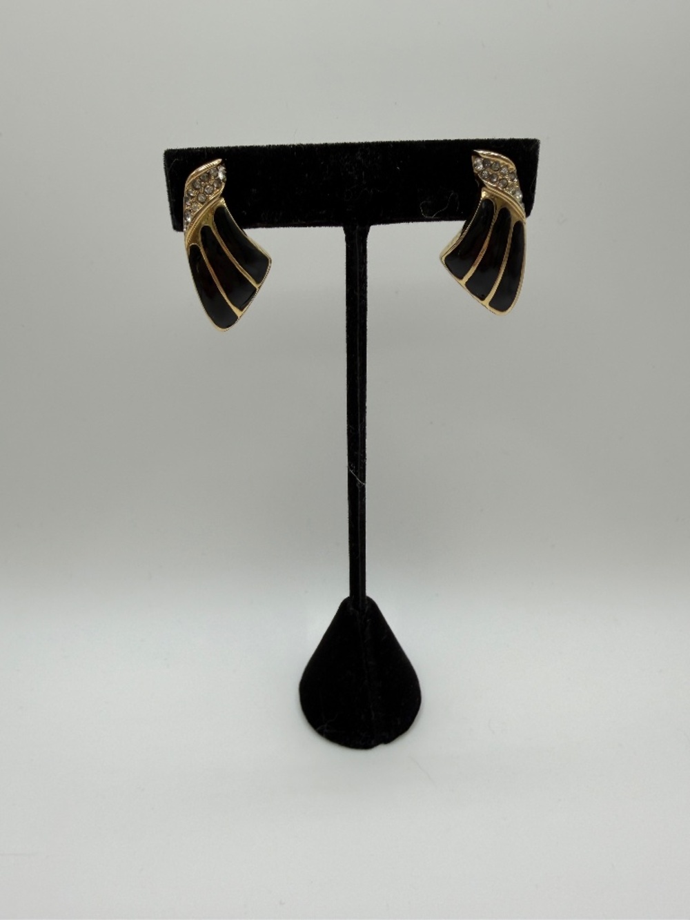 Vintage Vendome Black Enamel Gold Tone Rhinestone Pierced Earrings